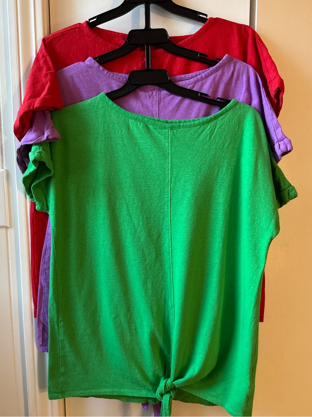 Linen-cotton short-sleeve tie-front pullover tops (lot of 3) green red purple XS
